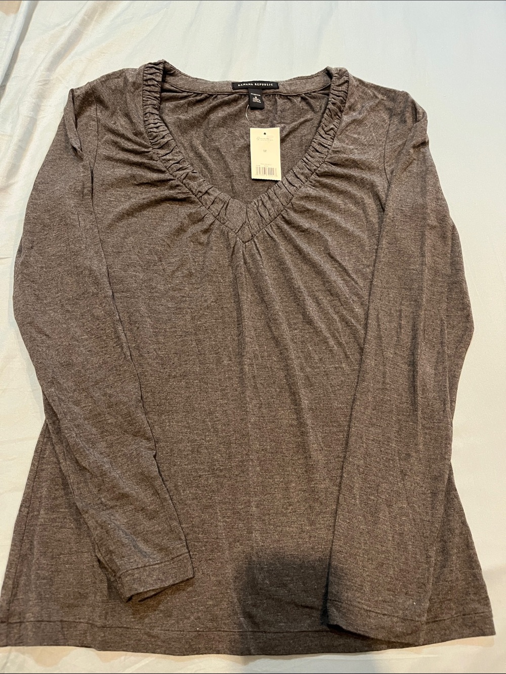 Banana Republic Charcoal Gray Long-Sleeve V-Neck Ruffle Trim Top